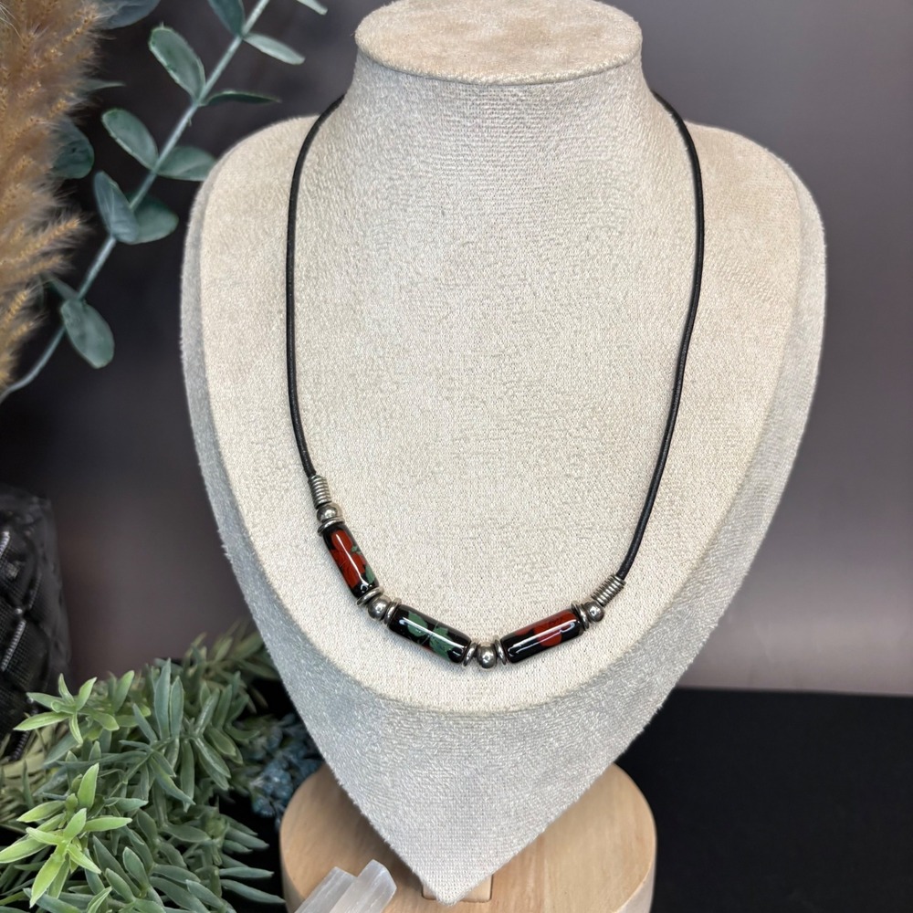 Floral‎ Beaded Necklace | Leather Cord Choker | Vintage Boho Ceramic